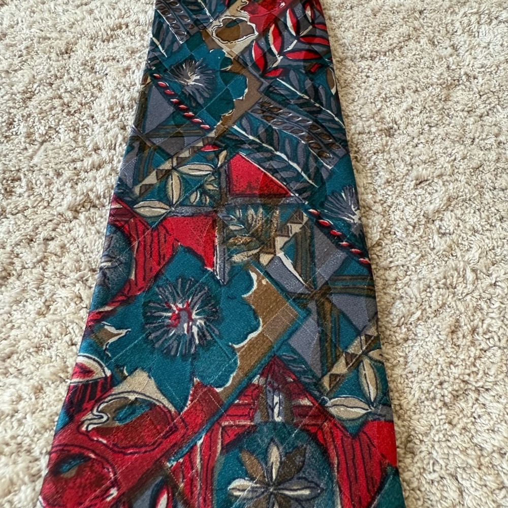 Vintage Abstract Floral Silk Tie Teal Red Geometric Handmade RN43170 3.5x59 - Picture 2 of 8